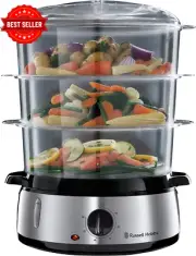 Russell Hobbs 9L Food Steamer 800W 3 Tier BPA-Free Baskets Timer Stainless Steel