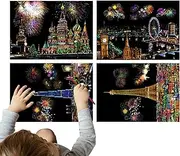 Scratch Paint for Adults, 4 Pieces Sculpture Craft Night View Scratch Plate - Scratches Made of Art for Adults - Sculpture Art Set for Adults and Children, A4 Scratch Varnish Trainbow Paper with