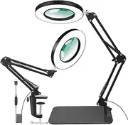 12X Magnifier with Light, 2-in-1 Magnifying Glass with Light and Stand, 3 Color Modes LED Desk Lamp, Hands-Free Magnifying Lamp for Craft Hobby Reading Painting Sewing Close Work