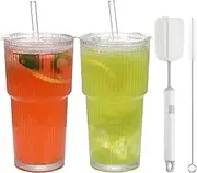 ASANMEYO 2 Pcs Ribbed Glass Cups Set - 20oz Ribbed Mason Jar Drinking Glasses with Lids & Straws, Cute Reusable Smoothie cup, Iced Coffee Glasses, Travel Tumbler for Juice