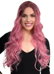Dusty Pink Rooted Long Curly Lace Part Synthetic Fashion Wig