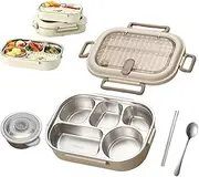 Microwaveable Stainless Steel Insulated Bento Box, Reusable Bento Lunch Box for Kids Adults with Soup Bowl, Spoon and Fork, Leak-Proof, Microwavable, for School,Company,Travel (Set B)
