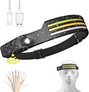 XIULIUU Rechargeable LED Headlamp, 3 LED 1200 Lumens COB 230°Wide Beam Headlight with Motion Sensor Bright 10 Modes Lightweight Waterproof Head Lamp for Camping, Running, Hiking, Fishing