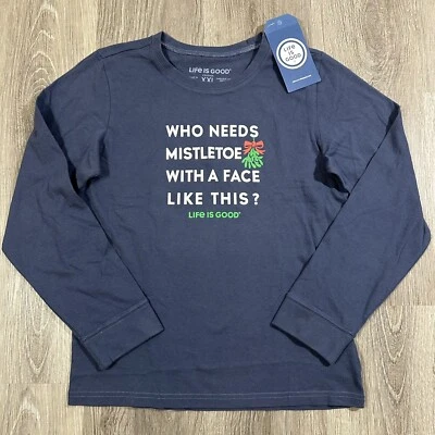 Life Is Good T-Shirt Boys XXL Blue Crusher Long Sleeve “Who Needs Mistletoe” NWT
