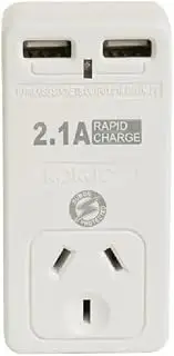Korjo AUS USB Adaptor Australia, 2X USB Sockets, 1x AUS/NZ Socket, White