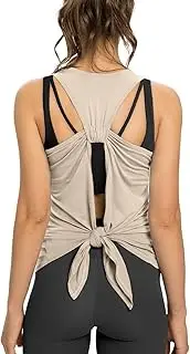 [Sanutch] Open Back Workout Top Backless Yoga Shirts Tie Back Workout Tank for Women, Beige, Small