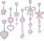 [Irikdescia] 7-Piece Long Belly Button Piercing Set, Pink Surgical Steel, Butterfly and Heart Designs, Belly Button Piercing Set