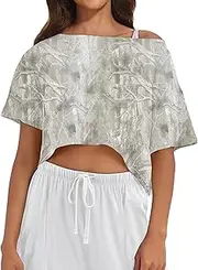 Burtell Casual Camo Off The Shoulder Tops for Women Boat Neck Short Sleeve Oversized T Shirts Maple Leaf Crop Workout Shirts