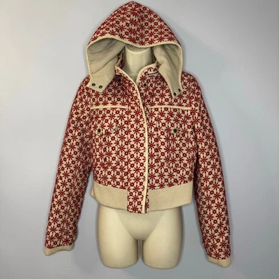 Free People Wool Blend Embroidered Crop Bomber Jacket Hooded Red Boho Women's M