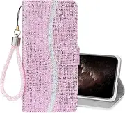 IMEIKONST Bling Glitter Case for iPhone 16 Plus with Card Holder, Sparkle Sequins Leather + TPU Design Flip Wallet Support Stand Magnetic Closure Shockproof Cover for iPhone 16 Plus. Pink RXS