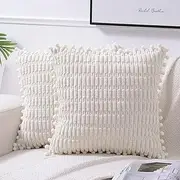 [AutoWT] 2 Packs Decorative Throw Pillow Covers - 45 x 45 cm Outdoor Cushion Cases with Pom-poms - Boho Home Decor - Square Striped Corduroy Pillowcase for Couch Sofa Bed Bedroom Living Room