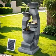Gardeon Solar Water Fountain, 3W 90cm Tall Feature Pump Bird Bath Powered Features Fountains Garden Outdoor Indoor Pond Decoration, Tiers Birdbath LED Lights Grey