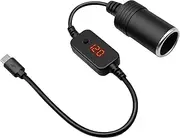 USB C Male to 12V Car Cigarette Lighter Socket Type-C to Cigarette Lighter Adapter Cable Converter with Voltmeter Display, Adjustable Voltage 5V/9V/12V, Suitable for Car Charger, GPS, Dash Cam
