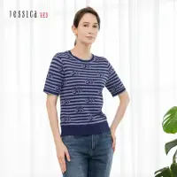 在飛比找momo購物網優惠-【Jessica Red】百搭條紋logo圓領短袖針織衫82