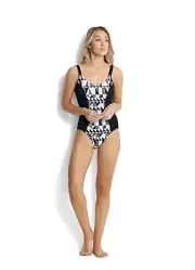 Seafolly Women's Standard DD Cup One Piece Swimsuit with Contrast Panels, Jagged