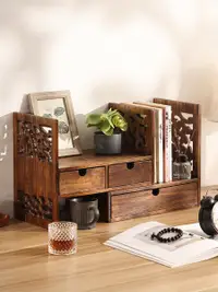 在飛比找松果購物優惠-復古實木桌面置物架 書桌桌上書架 飄窗收納櫃 簡易小書櫃 (