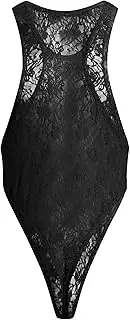 [IWEMEK] Men’s Lace Bodysuit Floral Briefs See Through Singlet Sissy Mesh Mankini Sheer Leotard Underwear Backless Vest Sleeveless One Piece Thong High Cut Lingerie Romper Jumpsuit Costume