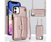 Iphone 11 Leather Magnetic Detachable Wrist Strap Card Holder Wallet Case -Rose gold