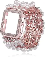[VIIVY VIYIV] Bling Band with Case Compatible with Apple Watch Bands Series 9 8 7 SE 45mm 44mm 40mm 38mm 41mm 42mm for Women, Smart Watch Bracelet Straps with Starlight Cover, Pearl Dressy Cute Elastic