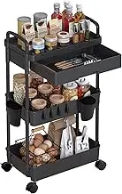 FORYUSE 3 Tier Rolling Utility Cart with Drawer Detachable Storage Organiser Shelf Trolley with Lockable Wheels, Handle, Hooks, Hanging Cups for Bathroom Kitchen Black