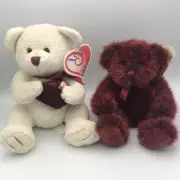 2 Teddy Bears Romanoff Russ Burgundy And White Plush Gift Bear With Red Heart