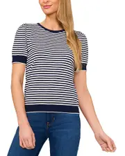 CeCe Tipped Puff Short Sleeve Striped Sweater