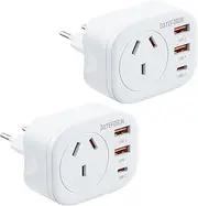 DAYEFORUN AU to EU Travel Adapter, 2 Pack Europe Travel Adaptor, Bali Travel Adapter with 3 USB Ports, Travel Plug for AUS to Most of Europe Germany Spain France Greece Netherlands Turkey, Type C