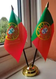 PORTUGAL X2 TABLE FLAG SET 2 flags plus GOLDEN BASE PORTUGUESE