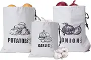 Potato Onion Garlic Storage Bag, Fabric Onion and Potatoes Storage Bag, Washable Garlic Potatoes Onions Keeper with Drawstring, 3 Pack (Garlic Onion Potato Bag)
