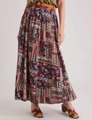 BNWT Size XXL MILLERS WOMAN Long Maxi Skirt Navy Patchwork Print + Belt 22 - 24
