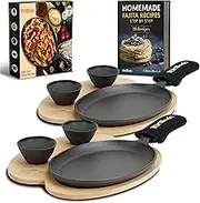 Tortillada – 10 Inch Cast Iron Fajita Pan/Grill Pan Set for Fajitas – incl. Wooden Serving Tray + 2 Ceramic dip Bowls (Set of 2)