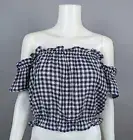 American Eagle NWT Off Shoulder Top Blue Checkered Gingham Plaid Shirt Sz Large