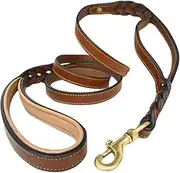 Soft Touch Collars 6 Foot Braided Leather Dog Leash with Traffic Handle, Two Handles for Training and Safety, Double Your Control with 2 Locations, Lead for Large and Medium Dogs Brown 6ft x 3/4 Inch