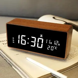 實木桌面鐘表無線藍牙音箱音響床頭電子鬧鐘靜音時鐘星期溫度時間