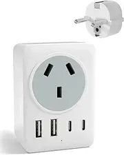 Europe Travel Adapter, Autralia to European Travel Plug Adapter, Bali Travel Adapter with 4 USB Ports, Travel Plug for AUS to Most of Europe Germany Spain France Greece Netherlands Turkey, Type E F