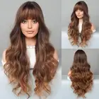 Long Wavy Ombre Brown Blonde Wig with Bang 26 Inch Light Brown Synthetic Heat...