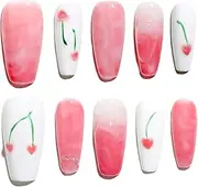 Sun&Beam Nails Handmade Press-on Medium Coffin Ballerina Pink Green White Minimalist Flower Gradation Design Fashion False Nail Tips 10 Pcs Set (#171 S)
