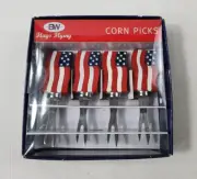 Patriotic Corn on the Cob Holders American flags flying Corn Pick Set Of 4