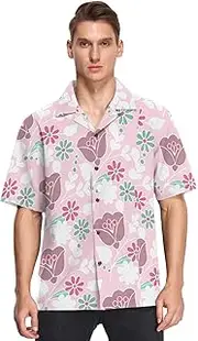 [GuoChe] Hawaiian Mens Button Up Short Sleeve Shirts Valentine's Day Pastel Colors Flowers Pink Dating Camisas para Gym Hombre, Valentine's Day Pastel Colors Flowers Pink, Medium