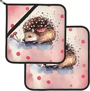 2 Pack Pot Holders for Kitchen Heat Resistant Potholders Cute Hedgehog Watercolor Pot Holders Set Washable Hot Pads with Loop Non Slip Potholders for Cooking Baking BBQ Microwave 8 x 8 Inch