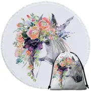 Floral Head Unicorn Round Beach Towel