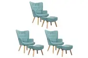 Oikiture 3x Armchair Lounge Chair Ottoman Accent Armchairs Fabric Sofa Blue