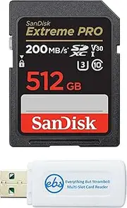 SanDisk SDXC Extreme Pro 512GB Memory Card Works with Panasonic Lumix DC-GH7 and DC-G9 II Mirrorless Camera (SDSDXXD-512G-GN4IN) Bundle with (1) Everything But Stromboli MicroSD & SD Card Reader