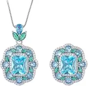 [Generic] 8 * 12mm Aquamarine Gemstone Pendant Necklace Rings for Women Wedding Bands Jewelry Set Accessories Made in China