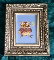 Finished Framed Cross Stitch Picture Lovely Funny Owl Night Moon Gift