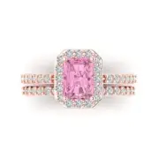 2.20ct Emerald Round Cut Halo Pink Stone Ring bridal Set 14k Rose solid Gold