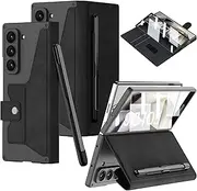 [DEMCERT] for Samsung Galaxy Z Fold 6 Case with S-Pen Slot, Military Armor Cases Full Body Protective, [Removable Pen Slot], Anti-Scratch Hard Slim Leather Bracket Case with Screen Protector (Black)