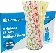 FOREVERIE Party Paper Straws for Drinking, Fun Disposable Straws Bulk, Cherry Pineapple Strawberry Watermelon Themed Party Decor and Supplies, 100 PCS