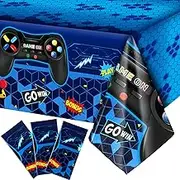 Tatuo 3 Pcs Video Game Table Cover, Game Theme Birthday Decoration Plastic Table Cloth Party Supplies for Boys Girls Kids Player Geek Party Decorations, 54 x 108 Inch (Blue)