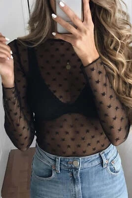Black Star Print Mesh Sheer Slim Long Sleeve Top